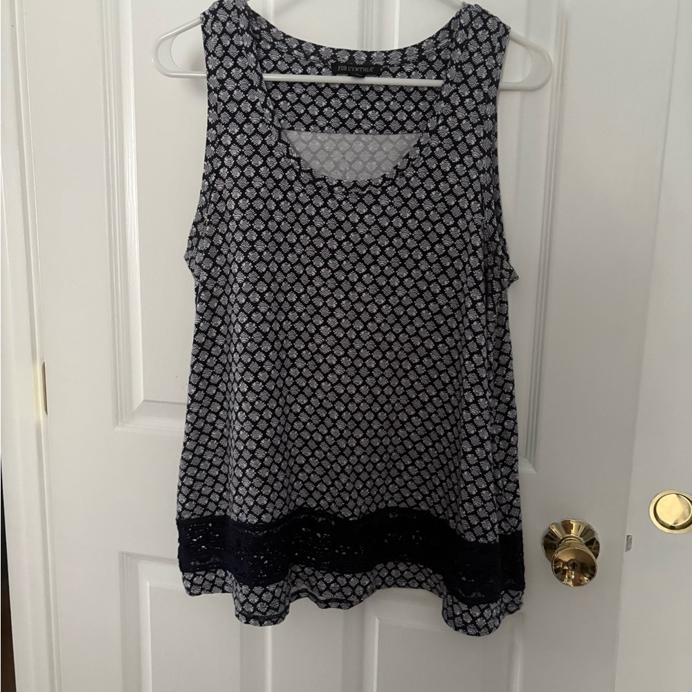 For Cynthia Navy and White Geometric Tank Top with Lace Accent